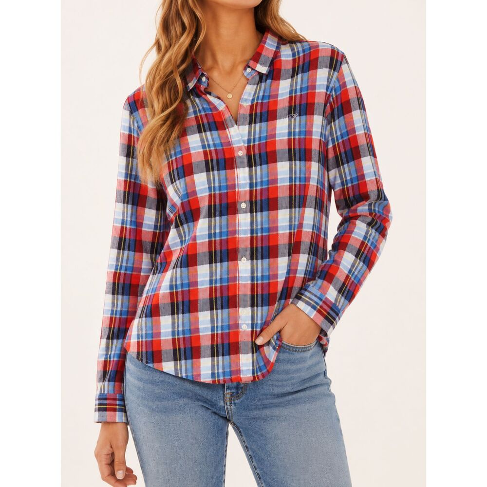 Vineyard Vines Soft Flannel Shirt XL Red Blue Plaid Button Down Whale Logo